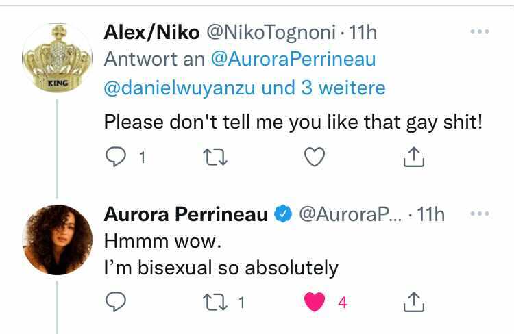Aurora Perrineau replying to a homophobe on Twtter saying "I'm bisexual."