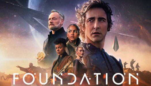 Poster for Foundation featuring a diverse group of space travelers against a science fiction cosmic backdrop with the word FOUNDATION across the bottom.