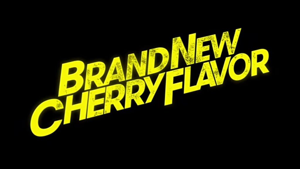 Diagonal bold yellow text on a black background reading 'BRAND NEW CHERRY FLAVOR' (stylized promotional graphic).