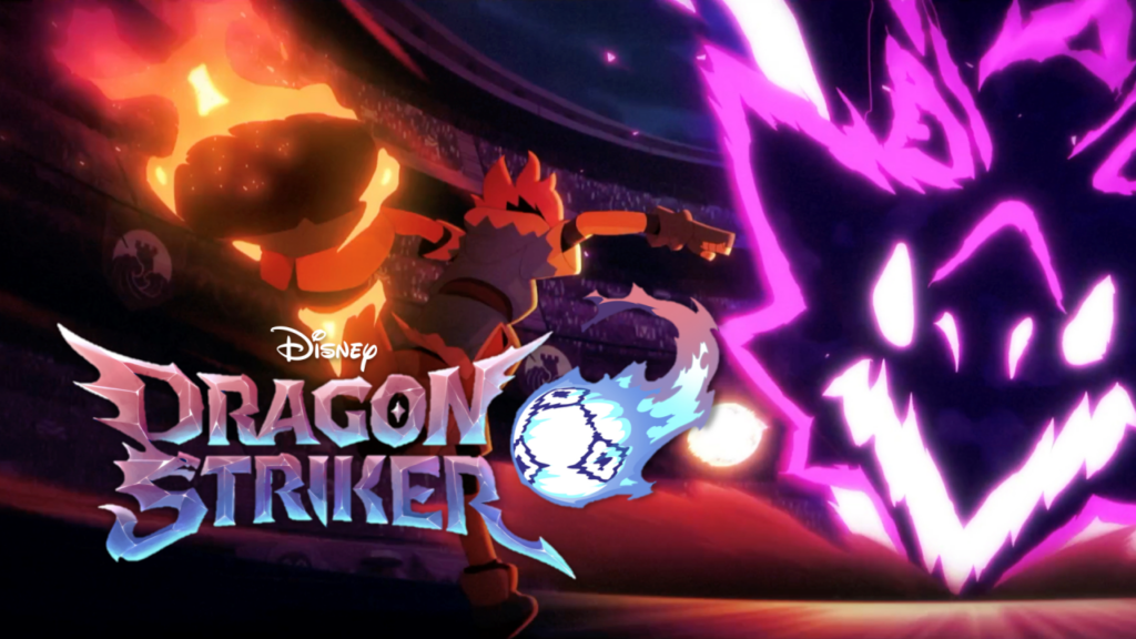 Dragon Striker action: a fighter in orange armor charges toward a glowing purple monster in a neon-lit stadium.