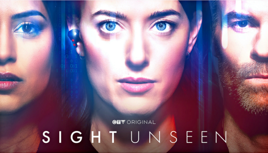 Poster for ITV Original series 'Sight Unseen' showing three close-up faces bathed in blue/red lighting.