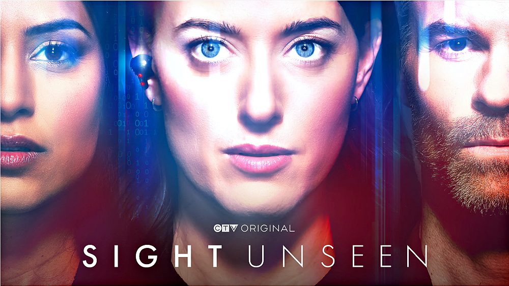 Poster for ITV Original series 'Sight Unseen' showing three close-up faces bathed in blue/red lighting.