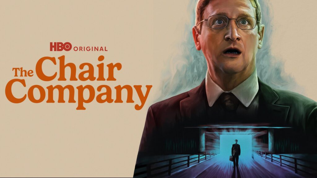 Poster for HBO Original The Chair Company, showing a man in a suit and glasses looking upward with orange title text on a beige background.