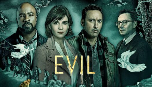 Promotional poster for the TV series EVIL showing four lead characters against a teal background with the title EVIL in yellow letters across the center.