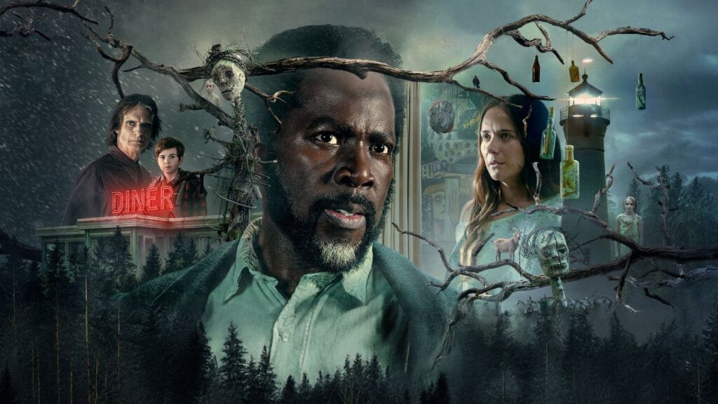 Dramatic horror poster with a man in the foreground, eerie trees, a neon diner sign, and a distant lighthouse scene suggesting danger and mystery.