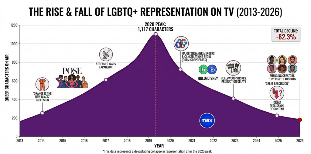 Area line chart titled "The Rise & Fall of LGBTQ+ Representation on TV (2013–2026)" displaying a steep decline in queer characters on air. Representation peaks in 2020 at 1,117 characters before dropping 82.3% to 197 characters in 2026. Annotated milestones along the curve include the "Orange is the New Black" expansion in 2014, streamer mergers in 2021, and Hollywood production strikes in 2023.