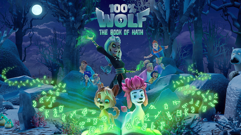 Poster for 100% Wolf: The Book of Hath, featuring animated wolves casting glowing green runes in a snowy forest at night
