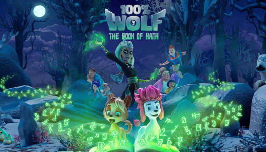 Poster for 100% Wolf: The Book of Hath, featuring animated wolves casting glowing green runes in a snowy forest at night
