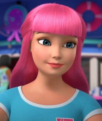 Close-up of a smiling pink-haired animated girl with blue eyes wearing a light blue shirt in a colorful arcade background, conveying a playful, game-friendly vibe in the scene.