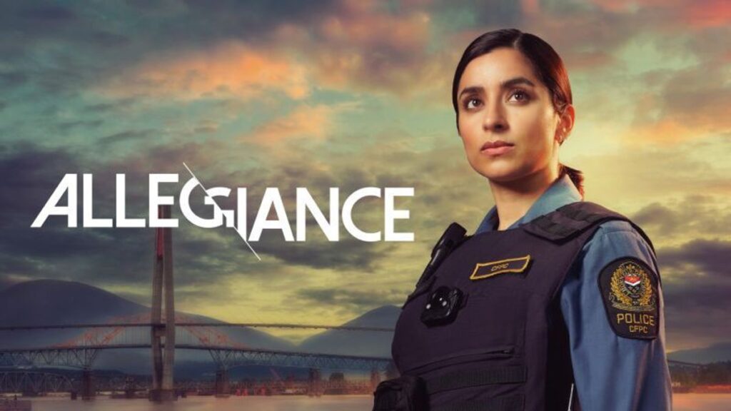 Poster for Allegiance showing a female police officer in uniform, bridge in the background and a sunset sky.