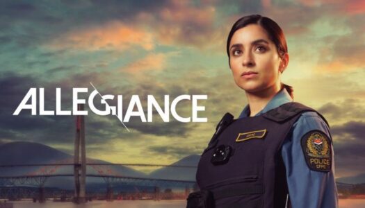 Poster for Allegiance showing a female police officer in uniform, bridge in the background and a sunset sky.