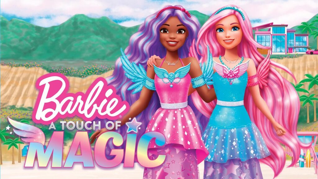 Barbie-style dolls in pink and blue outfits standing arm in arm on a sunny beach with mountains in the background and a colorful building behind them, promoting 'Barbie: A Touch of Magic'.