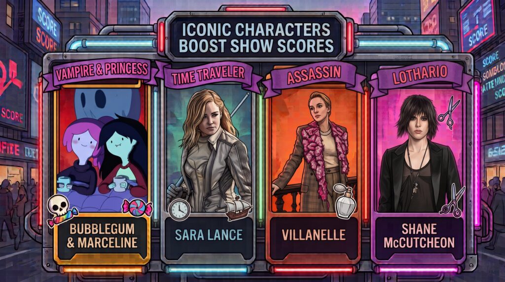 Four character booths under a neon sign 'Iconic Characters Boost Show Scores' featuring Bubblegum & Marceline, Sara Lance, Villanelle, and Shane McCutcheon.