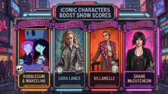 scores-header – LezWatch.TV Four character booths under a neon sign 'Iconic Characters Boost Show Scores' featuring Bubblegum & Marceline, Sara Lance, Villanelle, and Shane McCutcheon.