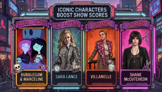 Four character booths under a neon sign 'Iconic Characters Boost Show Scores' featuring Bubblegum & Marceline, Sara Lance, Villanelle, and Shane McCutcheon.