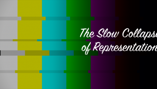 Poster-style image with rainbow TV test bars fading to black on the right, overlaid in white cursive text: 'The Slow Collapse of Representation'.