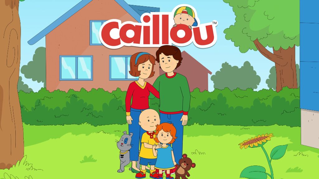Caillou family portrait outdoors: a mom, dad, two children, and pets stand together in a green yard with a house in the background and the Caillou logo above them (informative).