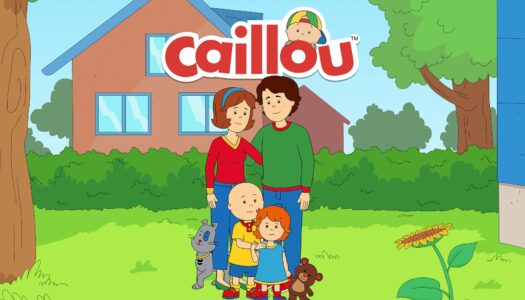 Caillou family portrait outdoors: a mom, dad, two children, and pets stand together in a green yard with a house in the background and the Caillou logo above them (informative).