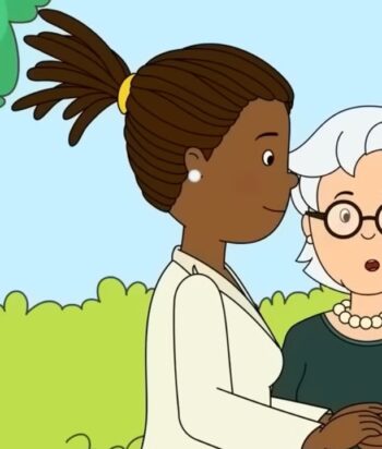 Two women chatting outdoors in a park: a young Black woman with a ponytail and an older white-haired woman with glasses.