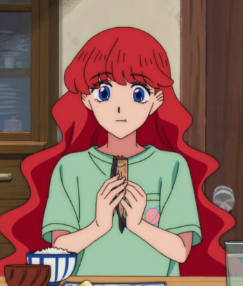Anime-style girl with long red hair and blue eyes sits at a wooden table, holding a wrapped snack near her mouth.