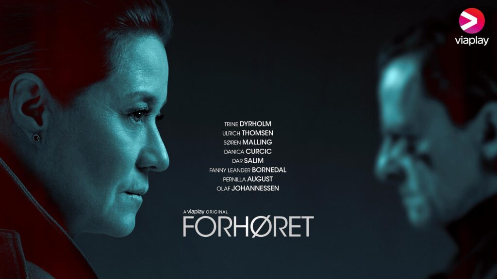 Close-up of two people facing each other in blue lighting; center credits and the title 'FORHØRET', Viaplay logo top-right.