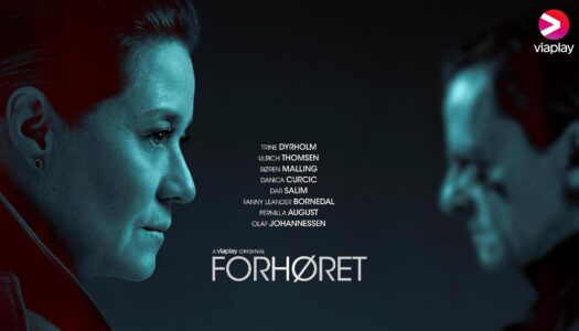 Close-up of two people facing each other in blue lighting; center credits and the title 'FORHØRET', Viaplay logo top-right.