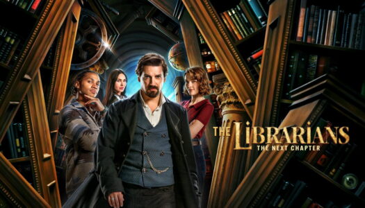 Promotional poster for The Librarians: The Next Chapter showing four librarians in a magical, book-filled library.