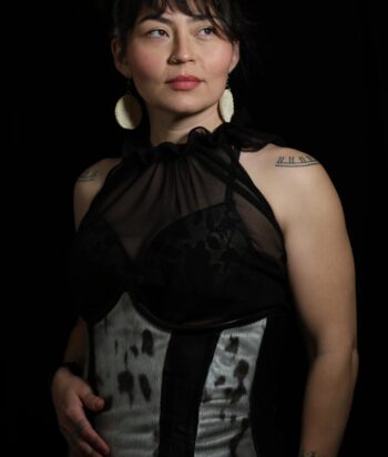 tatiggat – LezWatch.TV Portrait of a woman with dark hair and a nose ring, wearing a black sheer top and large cream earrings against a black background, looking to the side.