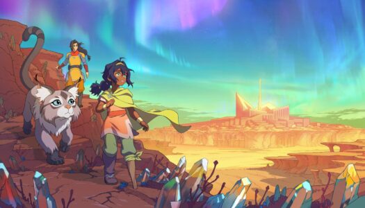 Two young explorers and a white-and-gray feline companion stand on a rocky desert, crystals glittering around them, under a colorful aurora and a distant temple.