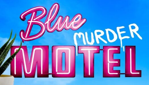 Neon pink 'Blue Motel' sign on a bright blue sky with white 'MURDER' graffiti and a potted plant on the left.