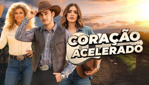 Promotional poster for 'Coração Acelerado' showing three people in cowboy attire on a country road at sunset with a bold title across the foreground.