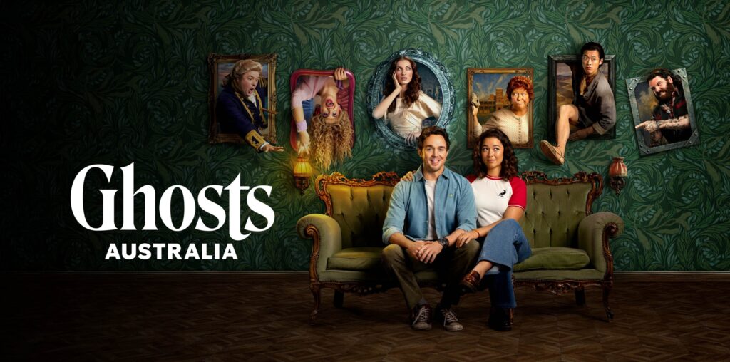 Six people sit on a vintage green sofa against ornate wallpaper with framed portraits on the wall; Ghosts Australia promo image on the left.